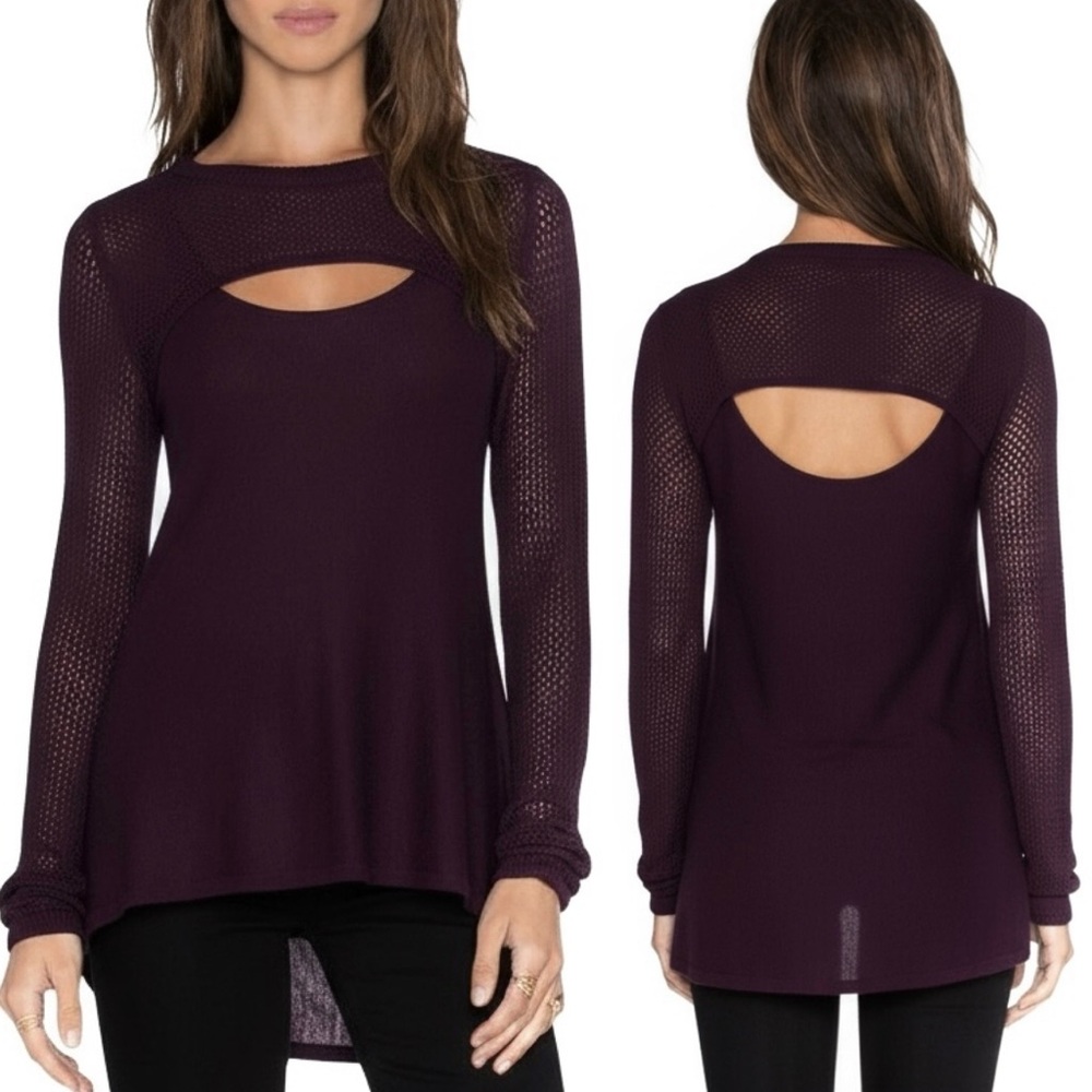 Stitches & Stripes Sweater Top Size XS Purple Keyhole Open Mixed Knit Hi Low